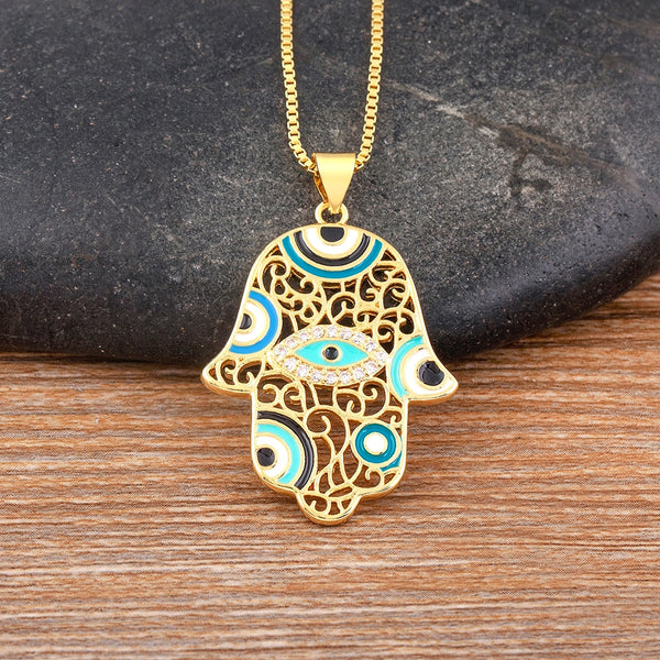 Collar con colgante de corazón y palma de Hamsa con forma de ojo malvado, joyería de lujo unisex, gran oferta