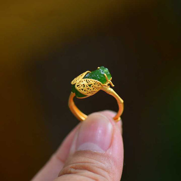 Natural Hetian jade ancient gold craftsmanship cicada rings for women