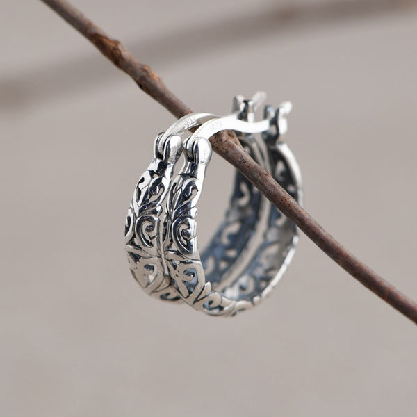 Thai Silver retro court ethnic style hollow flowers hoop earrings for women