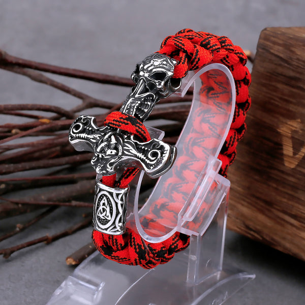Pulsera de acero inoxidable con martillo de Thor vikingo, exquisita cadena de paracord con ancla y calavera.