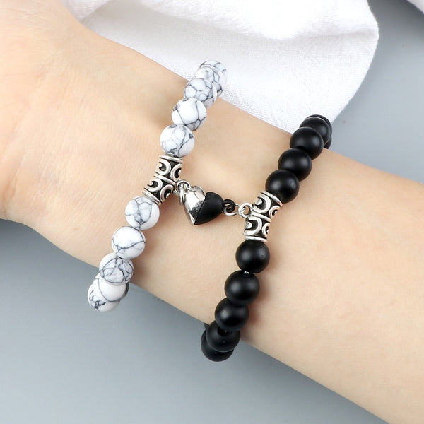 Conjunto de pulsera Yin Yang para hombre y mujer, de 8 mm, con piedra natural y forma de corazón, con imán de amor