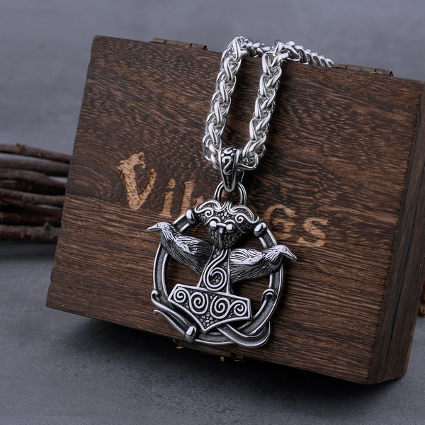 Collar con martillo de Thor y cuervo vikingo nórdico para hombre
