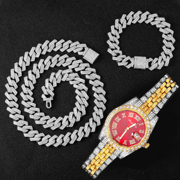 Hip Hop 15MM 3PCS KIT Heavy Watch+Prong Cuban Necklace+Bracelet