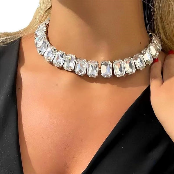 Shiny Crystal Large Square Stone Multi Color Crystal Choke Necklace Women
