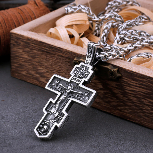 Collar con cruz de Jesús religiosa vintage para hombre, colgante de amuleto cristiano de acero inoxidable
