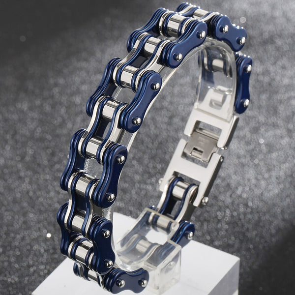 Pulsera de cadena de motociclista azul y roja para hombre, estilo rock and roll pesado