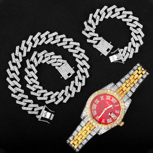 Hip Hop 20MM 3PCS KIT Silver Color Watch+Necklace+Bracelet