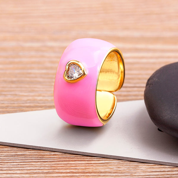 Anillo de aceite con forma de corazón romántico, abierto y goteante, chapado en oro para mujer