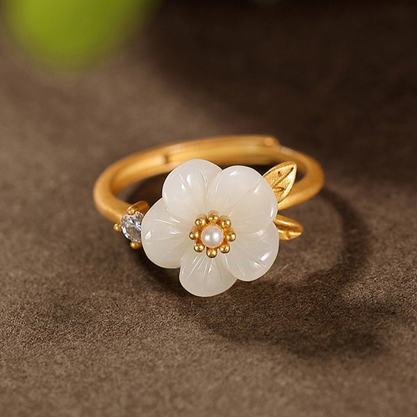 New style pearl inlaid natural chalcedony plum bossom engagement ring