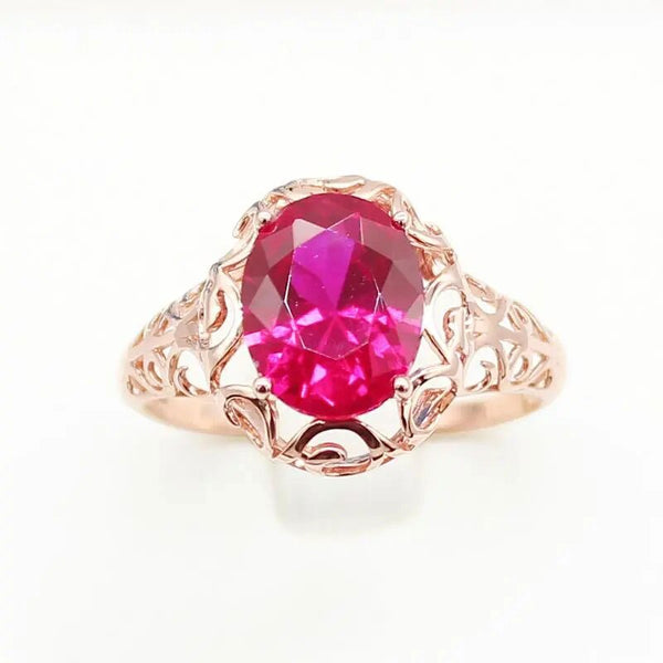Anillos de rubí ovalados con incrustaciones de oro rosa de 14 quilates y oro púrpura 585 para mujer