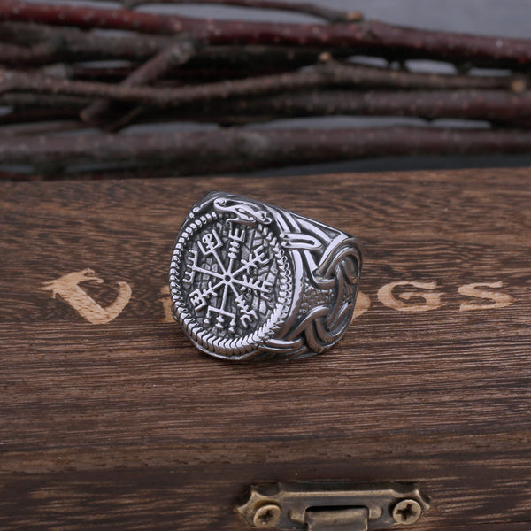 Anillo de acero inoxidable con brújula y dragón vikingo para hombre