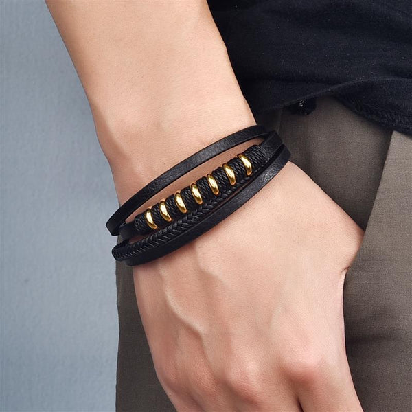 Pulsera de cuero genuino para hombre con cierre magnético de acero inoxidable, pulsera de cuero multicapa envolvente.
