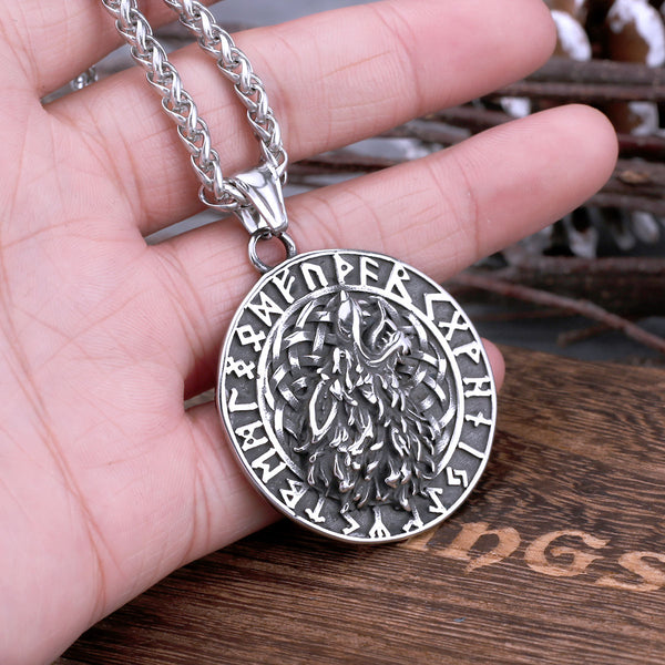 Viking Odin Freki Wolf Necklace Stainless Steel Men's Fashion Punk Rune Amulet Pendant