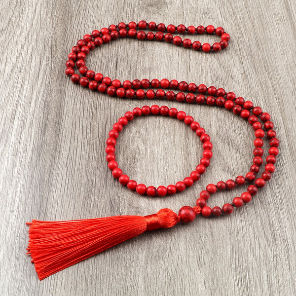 Pulseras y collares de oración Mala con 108 cuentas de piedra de pino rojo natural