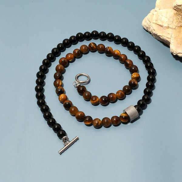Collar de cuentas de ónix negro y ojo de tigre de piedra natural de 8 mm con cuentas de acero inoxidable