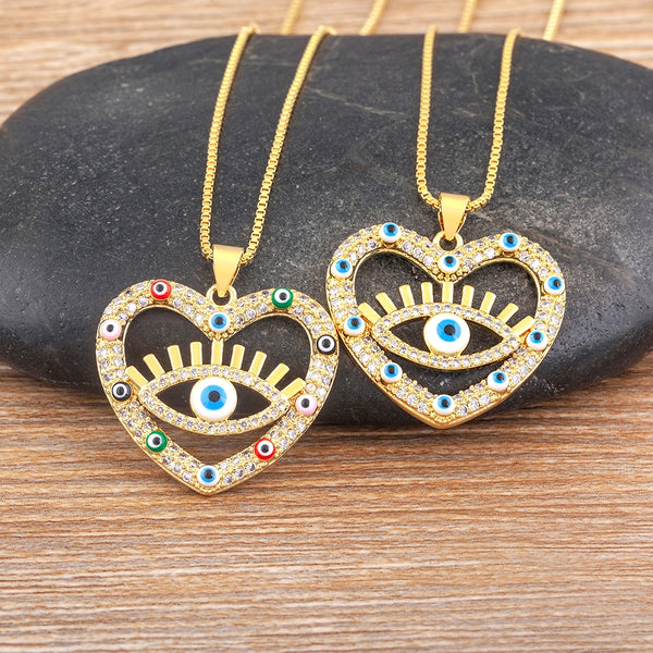 Collar romántico con colgante de ojo turco con circonitas de cristal en forma de corazón