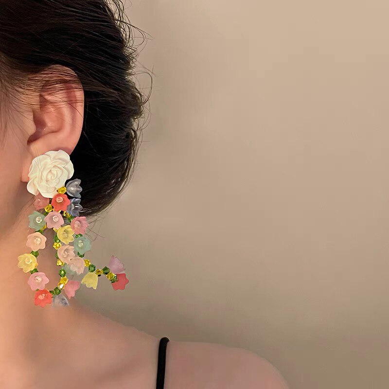 Fashion Temperament Bohemian Pearl Flower Tassel Design Statement Earrings Women