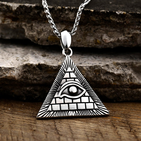 Collar con colgante triangular de ojo de Dios para hombre, estilo retro, estilo punk, hip hop, de acero inoxidable, con el ojo que todo lo ve.