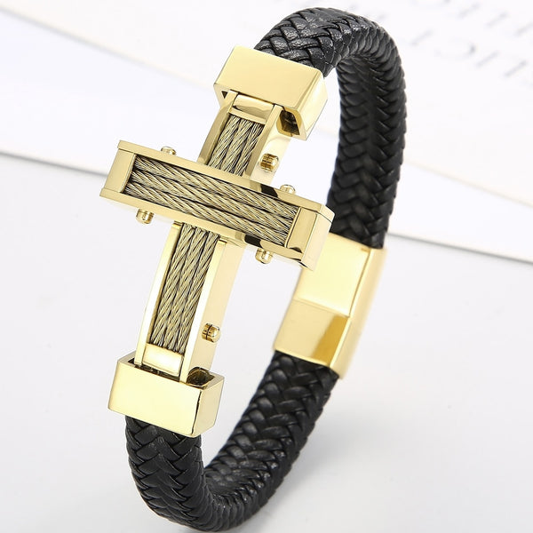 Cross Bracelet Man Braided Leather & Gold Plated 316L Stainless Steel Men's Wrist Strap Bracelets