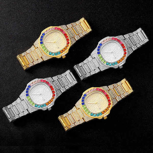 Hip Hop Full 1Row Iced Out Gold Color Watches Luxury Date Quartz Wrist Watches