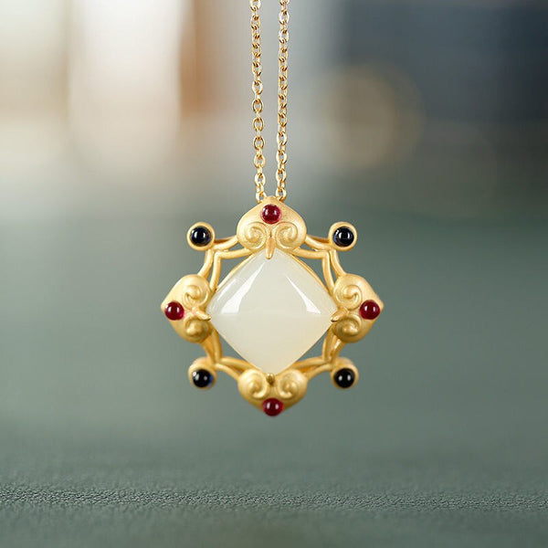 inlaid natural Hetian jade geometric hollow heart brooch pendant