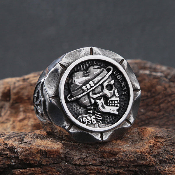 Anillo gótico de acero inoxidable de 1936 con forma de sombrero y calavera para hombre, estilo punk, hip hop, escudo, flecha y sello, anillo de motociclista.