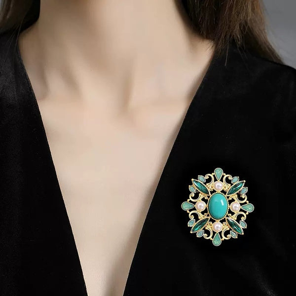 Vintage Baroque Brooch Palace Stylish Costume Jewelry Green Acrylic Crystal Brooches