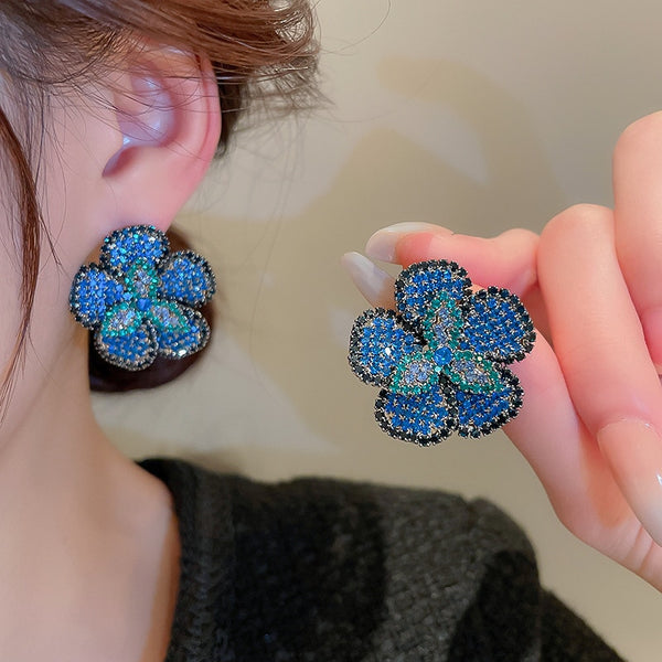 Pendientes de botón con cristales de imitación para mujer, con flores azules