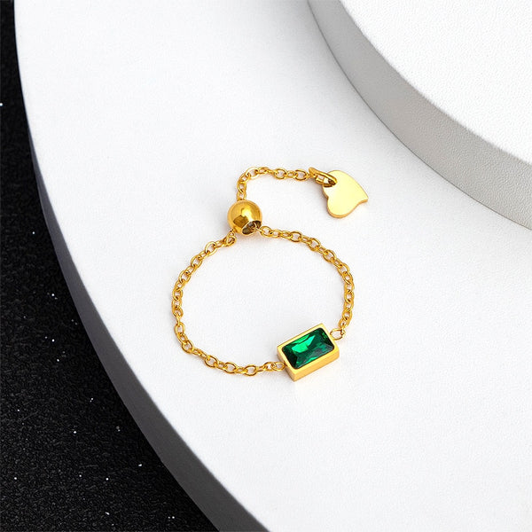 Nuevos anillos de circonita verde ajustables con cadena de acero inoxidable de moda para mujer