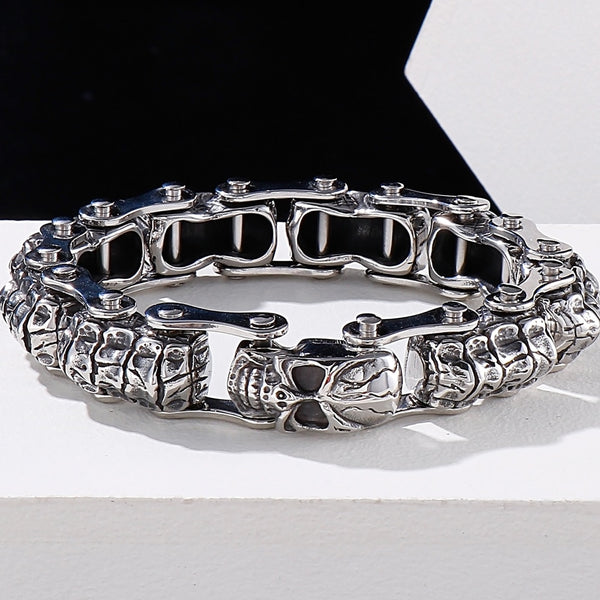 Pulsera de hombre estilo punk chic con calavera gótica de acero inoxidable con cadena de quilla.