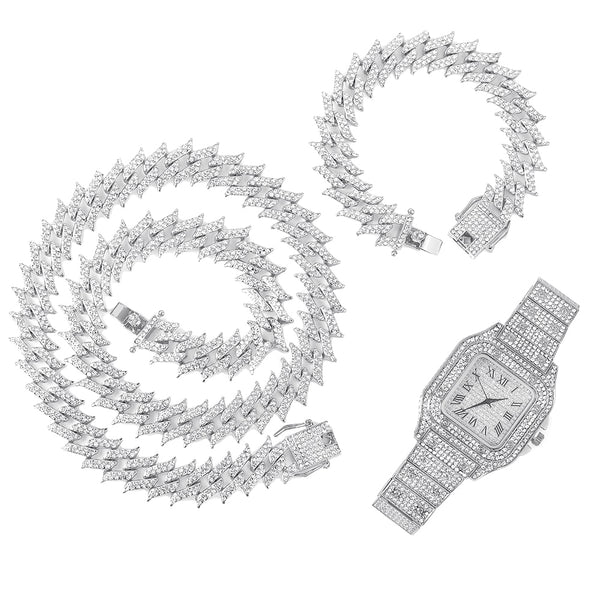 Luxury Iced Out 16MM Cuba Necklace With Bracelet+Large Square Quartz Watch