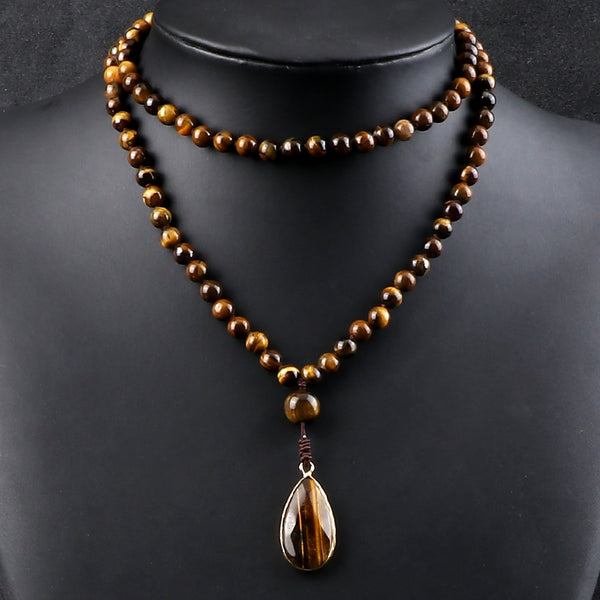 Collar de japamala con 108 cuentas de mala para hombre y mujer, con cuentas de piedra de ojo de tigre natural.