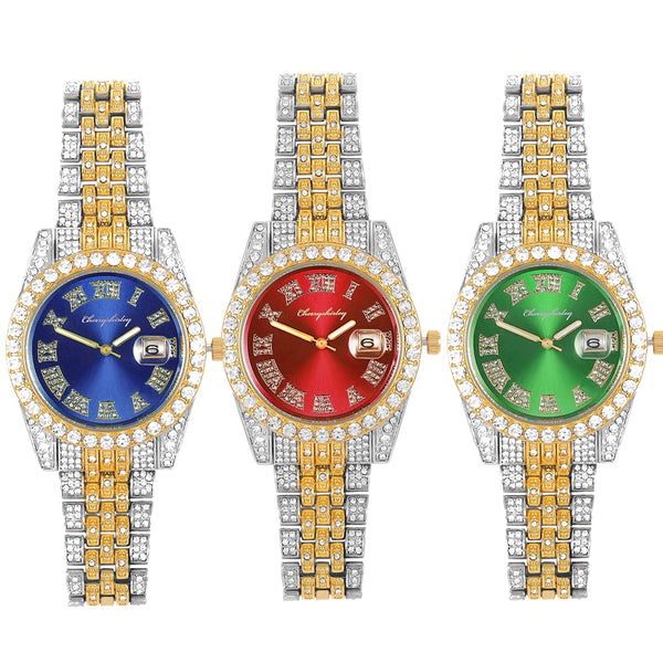 Hip Hop Iced Out Mens Watches Luxury Date Quartz Baguette Wrist Watches