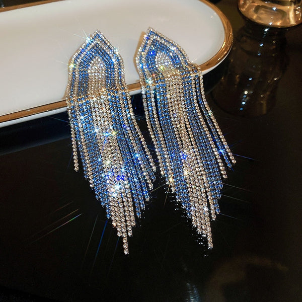 Nuevos pendientes largos con borlas de diamantes de imitación azules para mujer