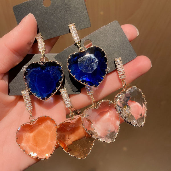 Pendientes colgantes con forma de corazón de cristal transparente y gran declaración para mujer