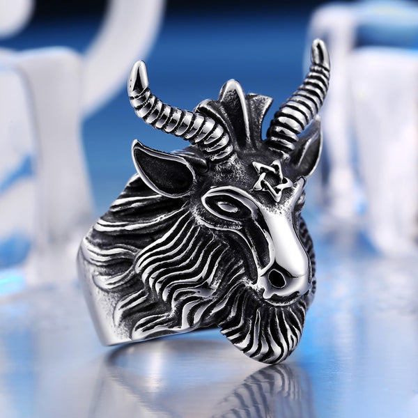 Anillo gótico de acero inoxidable con diseño de Satán, estilo punk, motociclista, con forma de estrella de seis puntas y cabeza de cabra.