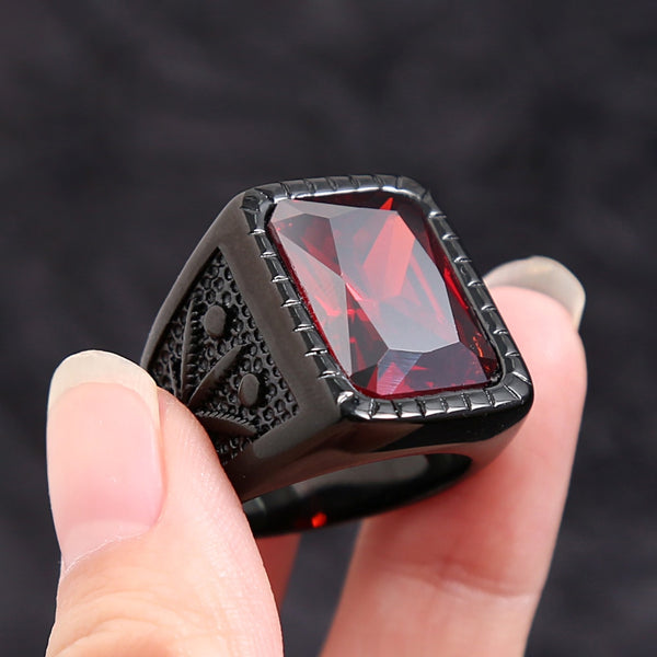 Anillos cuadrados de acero inoxidable con piedra roja natural de moda