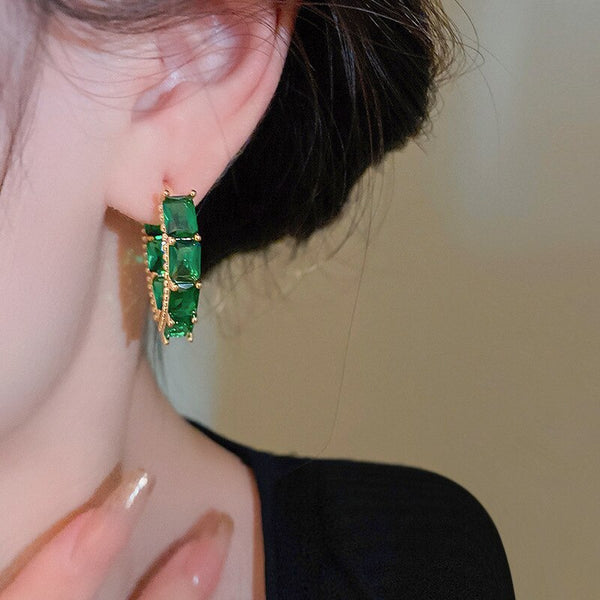 Pendientes de aro de lujo con cristales rosas y verdes para mujer