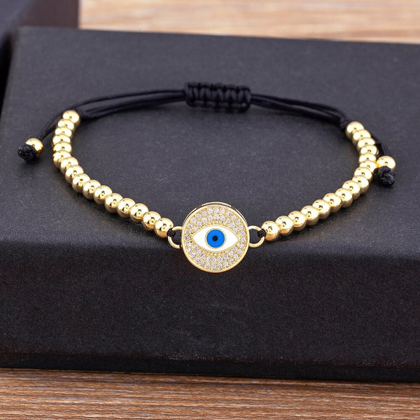 Exquisita pulsera de cristal de ojo malvado con incrustaciones redondas de circón para mujer