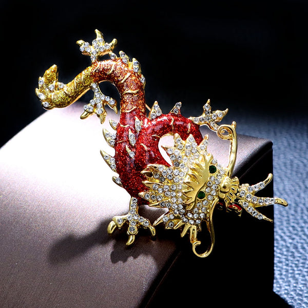 Rhinestone China Dragon Brooch Enamel Pin Zodiac Design Jewelry