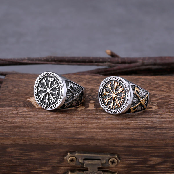Anillo de acero inoxidable con brújula Vegvisir y hacha vikinga nórdica para hombre, estilo vintage, estilo hip hop, estilo motero.