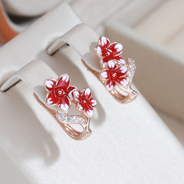 Pendientes colgantes vintage con flores de esmalte rojo y blanco