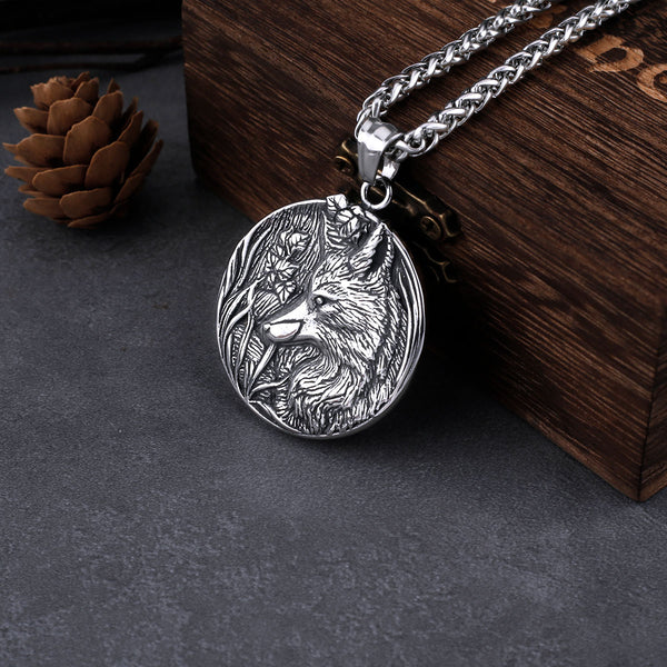 Collar con colgante redondo de cabeza de lobo vikingo para hombre