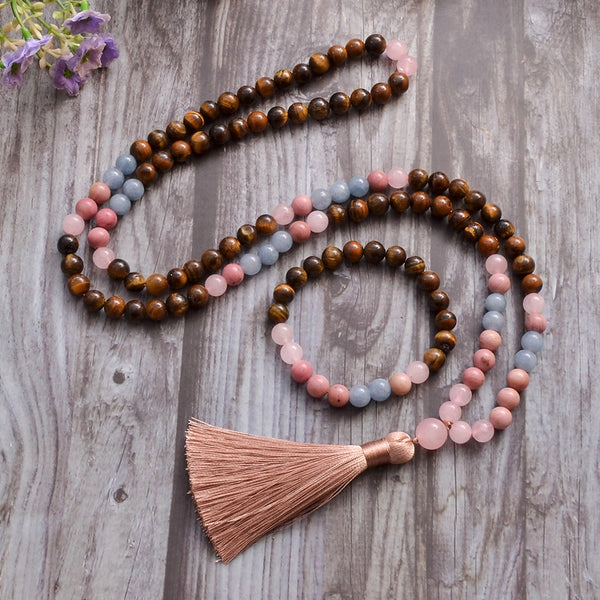 8mm Yellow Tiger Eye Rose Quartz Aquamarine Beads 108 Mala Necklace