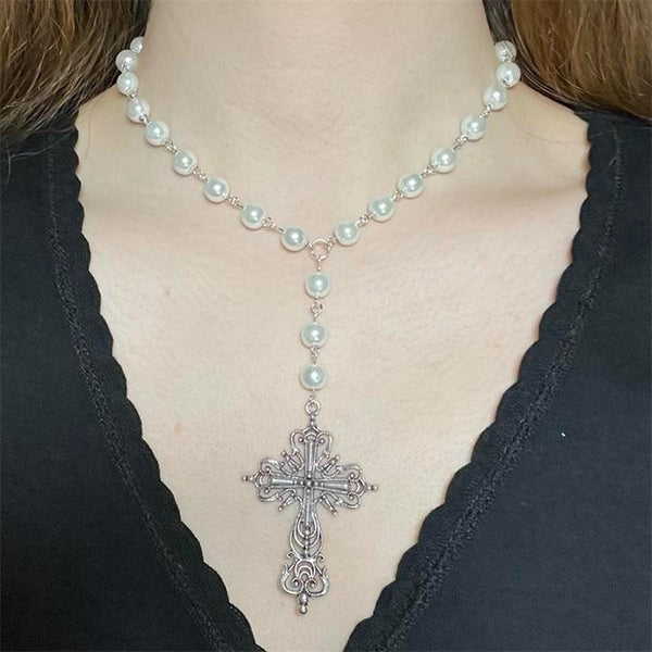 Collar de cuentas de cadena de perlas con rosario de cruz de perlas blancas hecho a mano