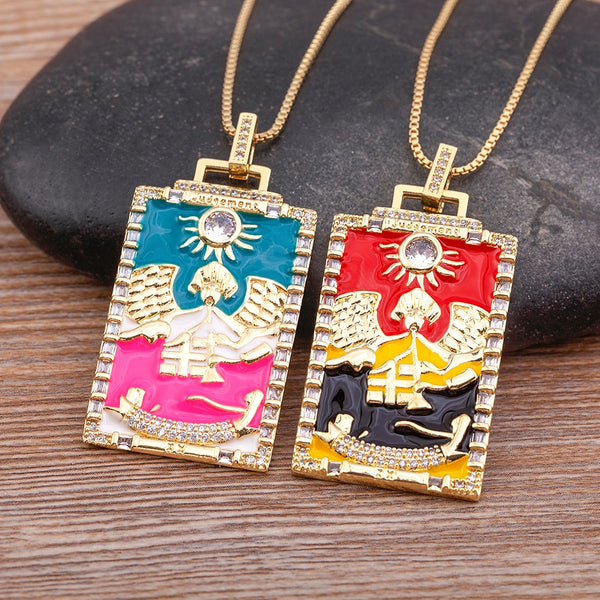 New Trend Rainbow Geometry Square Enamel Sun Totem Exquisite Relief Zircon Necklace