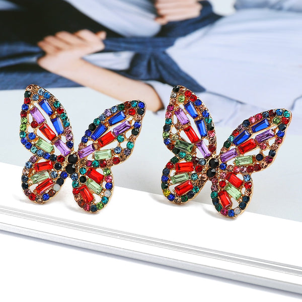 Elegantes y lindos pendientes de mariposa de cristal de colores para mujer