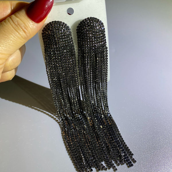 Pendientes largos con borlas y diamantes de imitación para mujer, pendientes largos de cristal negro.