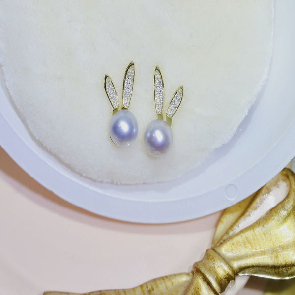 Trendy Cute 7-8mm Akoya Silver Blue Pearls Rabbit Shape Stud Earrings