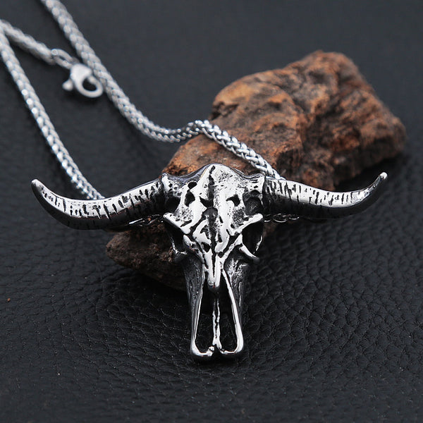 Colgante de calavera de toro estilo punk hip hop de acero inoxidable con diseño de calavera de motociclista para hombre